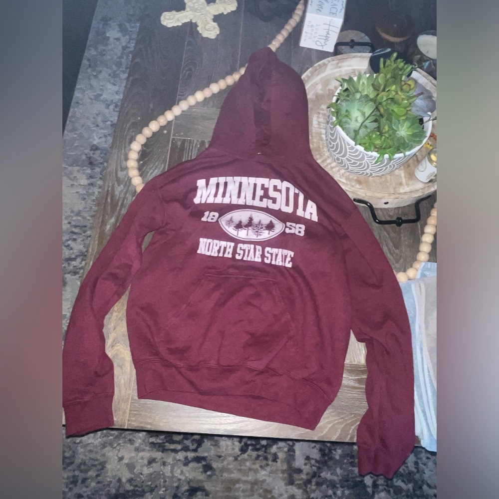 Gildan brand graphic hoodie, maroon in color, Minnesota North Star State, size S